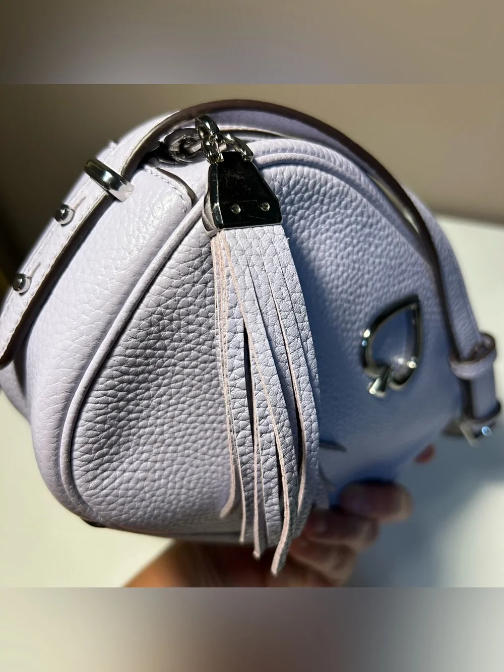 Kate Spade Kourtney Lavender Pebbled Crossbody Tassel Bag Silver Zip Top